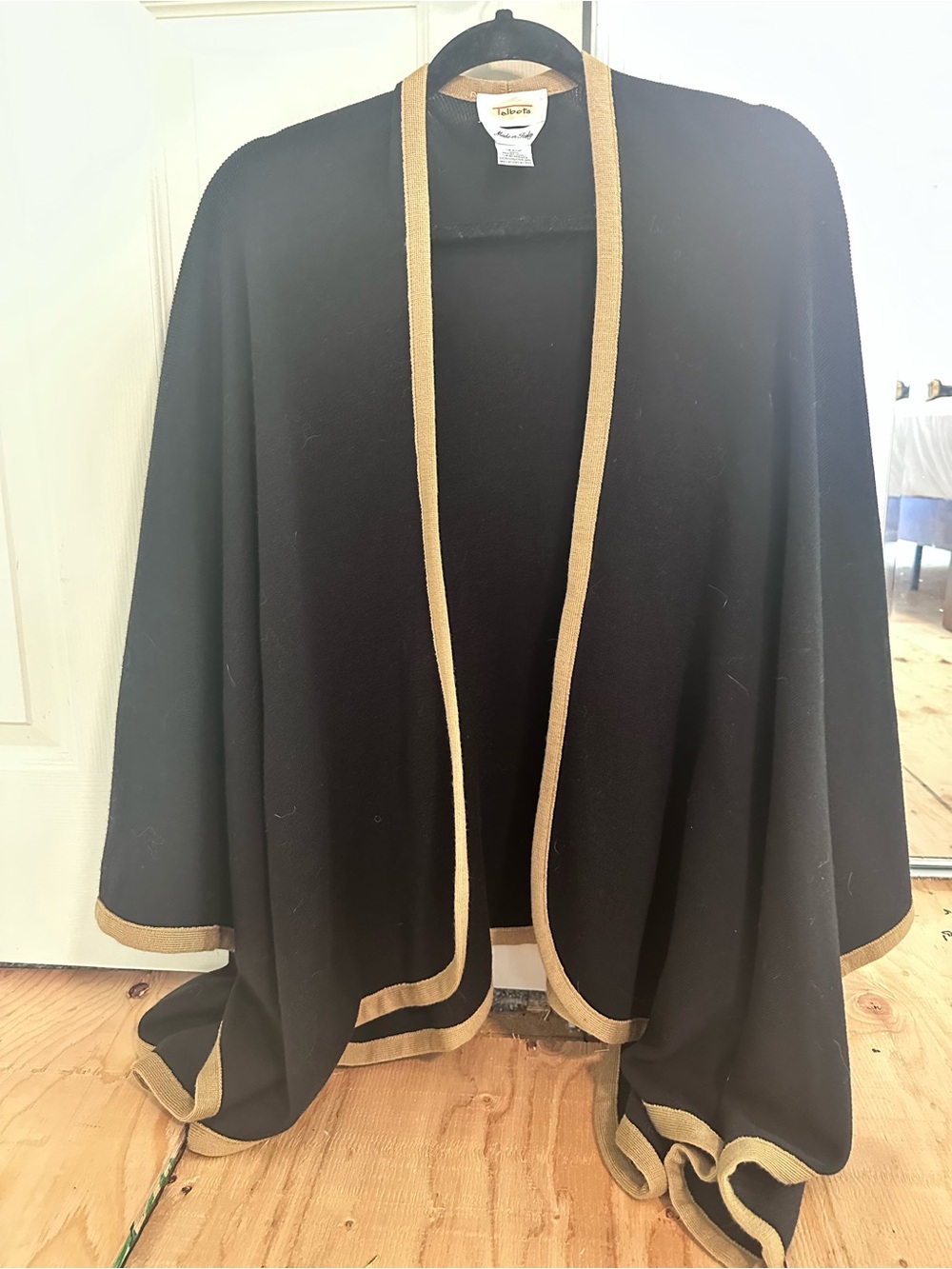 Talbots Italian Marino Wool Black Knit Cape with Tan Trim